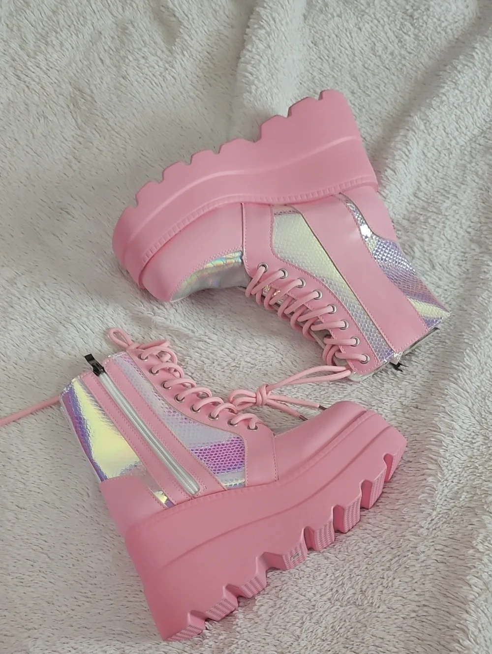 Pink Platform Lace-Up Boots with Holographic Accents